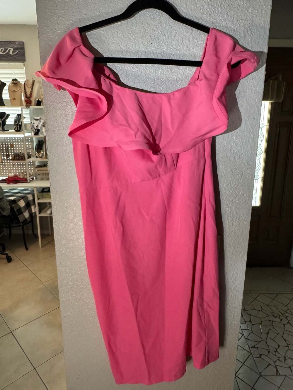 J.Roberts Pink Off-The-Shoulder Ruffle Midi Cocktail Dress
